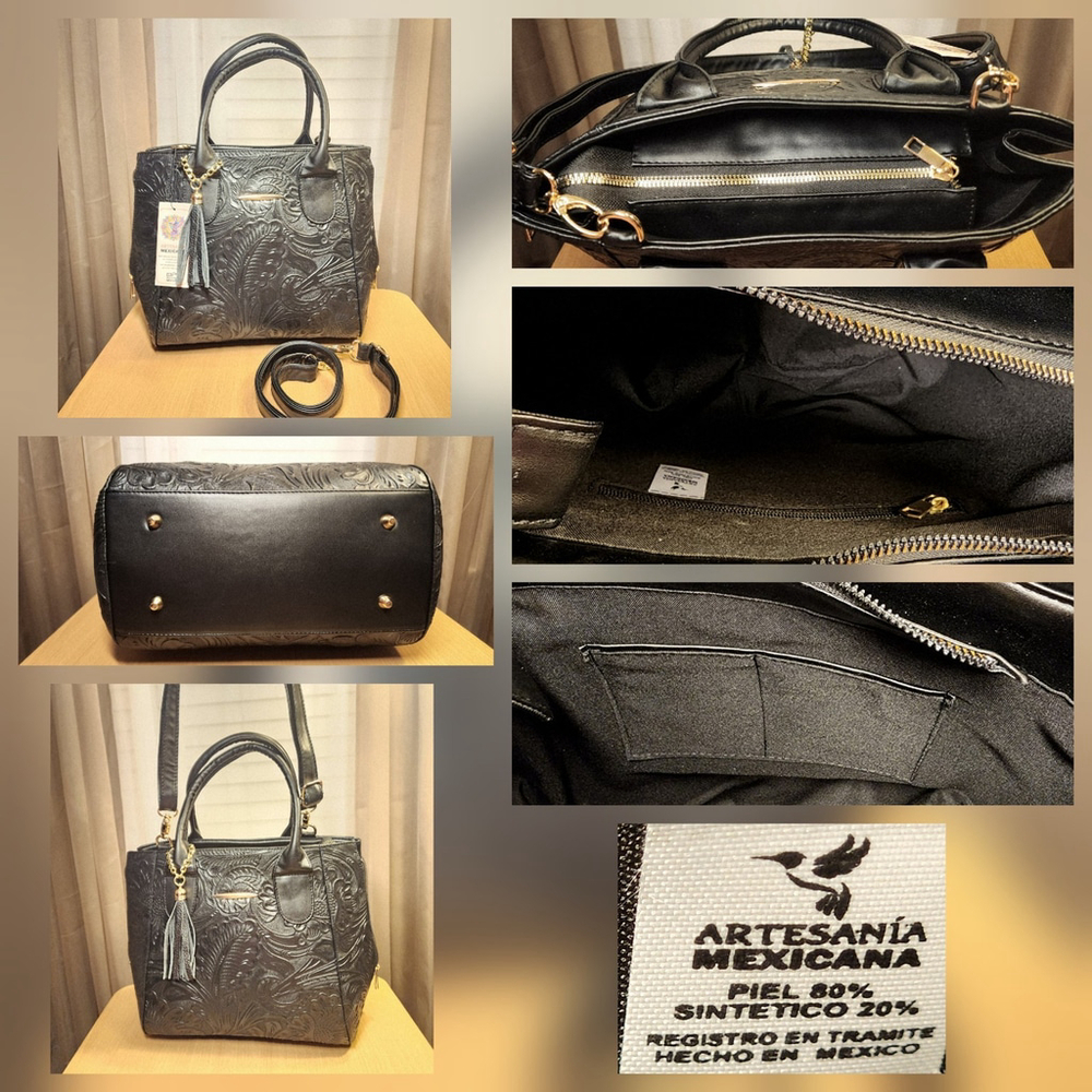 Black Zippered Floral Embossed Tooled Artisan LEATHER Hobo Bag Purse Artesanal - Picture 16 of 16